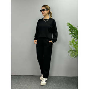 Conjunto de Dos Piezas de Blusa y Pantalón de Viscosa con Cuello Redondo y Manga Larga para Mujer, 26777 - Negro - Product Image 1