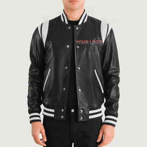 Chaqueta pesada de cuero puro 100% hecha a medida OEM/ODM para hombre, chaqueta universitaria cálida de corte holgado con paneles de hombro blancos - Product Image 1