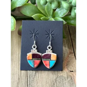 Navajo Made Sterling <b>Silver</b> Multi Stone Inlay Geometric Drop <b>Earrings</b> - Product Image 1