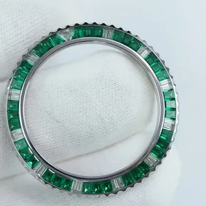 Bague de lunette de montre de luxe PJ, sertie de diamants baguette et d'émeraudes, style cannelé, en acier inoxydable, accessoire de remplacement pour montres de 40 mm et 41 mm - Product Image 6