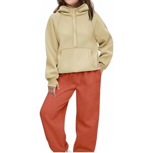 ชุดวอร์ม2ชิ้นสำหรับเด็กผู้หญิงชุดวอร์มมีฮู้ดกางเกงแบบมีซิปครึ่งแขน - Product Image 5