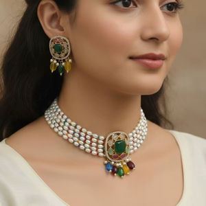 Ensemble de bijoux tendance collier et boucles d'oreilles en laiton indien avec onyx pour mariage/fête/anniversaire dans un style indien/pakistanais - Product Image 1