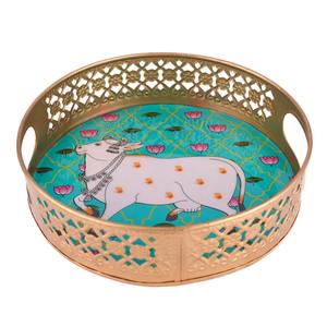 Plateau en métal écologique de style Pichwai pour la décoration de la maison, le festival de Diwali, les cadeaux de mariage, l'artisanat indien, la vitrine - Product Image 5