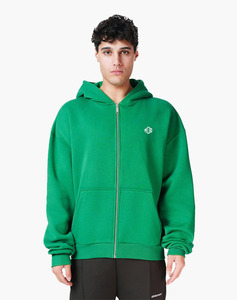 Sudadera con capucha con cremallera completa de algodón 100% con logotipo personalizado en verde, temporada de invierno de peso pesado, patrón sólido, sudaderas con capucha con estampado de soplo teñido liso - Product Image 1