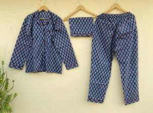 Vestido de noche de algodón puro para mujer, conjunto de pijama de tres piezas con Pijamas largos y cortos, conjuntos de pijama hechos a mano - Product Image 5