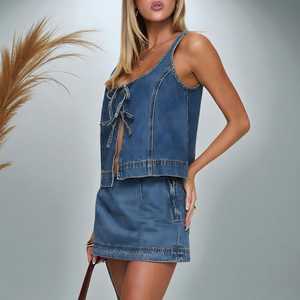 Nouvel ensemble en jean 2 pièces pour femme, taille haute, été 2026, short cargo et haut à col en V, tenue streetwear personnalisée - Product Image 2