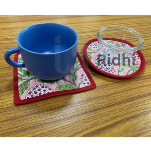 Quilted Piping Strawberry <b>Pink</b> <b>Coasters</b> 5x5" Hand Block Print Cotton Eco-Friendly Customized Thickness Boho Table Dcor Kitchen - Product Image 2