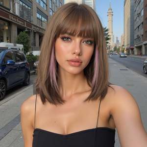 Perruque synthétique sans colle Bethany-DWY de 12 pouces pour femmes, fabriquée à la machine, coupe courte bob droite, brun châtain avec reflets roses - Product Image 1