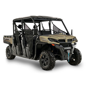 Vehículo utilitario CFMOTO UTV de 650cc, 4 tiempos, 4x4, a gasolina, color arena y negro, con cabina completa y puertas. - Product Image 1