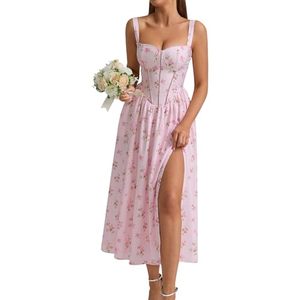 Women Vintage Bohemian Floral Corset Midi <b>Dress</b> High Waist Sleeveless Flared Hem Bow Pink Summer <b>Custom</b> OEM ODM Supplier Factory - Product Image 1
