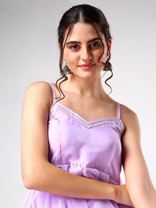 Elegant Lavender Organza Peplum Co-ord Set for Women Spaghetti Straps Soft Flowing Layered Peplum Top - Product Image 6