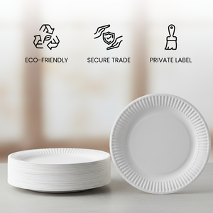 Assiettes en papier jetables biodégradables écologiques sur mesure ultra résistantes pour les événements, le camping, les voyages - Marque privée en vrac - Product Image 2