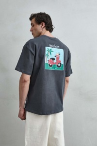 T-shirt a maniche corte in cotone 100% grigio scuro, vestibilità regolare, fantasia floreale, stile casual da vacanza, 240 grammi, anti-pilling - Product Image 3