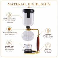 Cafetière à siphon en verre borosilicate 3 tasses 5 tasses avec poignée en bois, ensemble de cafetière à vide, vente en gros