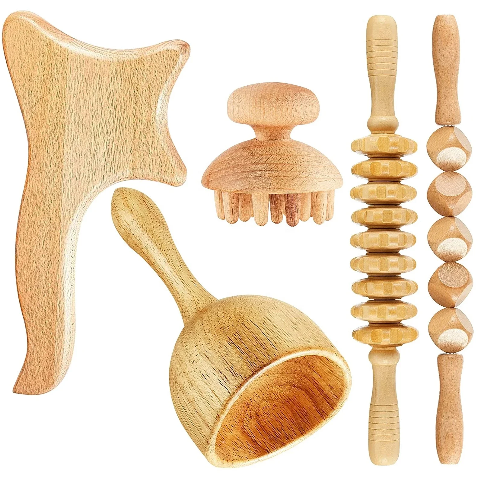 5 in 1 Wood Massage Therapy Tools Kit for Body Shaping Wooden Lymphatic Drainage Massager for Cellulite Wooden Gua Sha Tools Kit