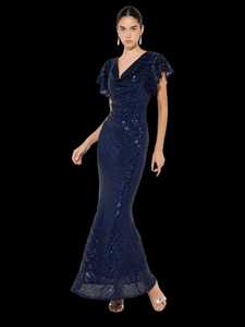 Dames élégantes sirène col en V robe de cocktail respirant pleine longueur robe de soirée écologique Poly-Mesh broderie perles - Product Image 4