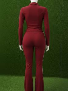 Women Full Length <b>Red</b> Solid Color Polo Neck Zipper <b>Bodysuit</b> Active Stretch Spandex Polyester Jumpsuit - Product Image 4