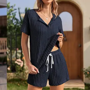 Bán Buôn Loungewear Phụ Nữ Pyjama 2 Mảnh Quần Short Bộ Gân Đan Bộ Đồ Ngủ Bộ