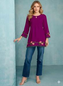 El más popular para fiestas de oficina: Tela de seda Georgette, estilo cuello redondo, longitud media, sin costuras, diseño indio moderno, multicolor, para mujer. - Product Image 5