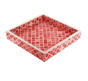 Bandeja Decorativa Roja de Alta Calidad con Incrustaciones de Hueso Hechas a Mano, Estilo Vintage, para Servir en el Desayuno, Marca NQH, 27.5x27.5cm, para Hotel - Product Image 1