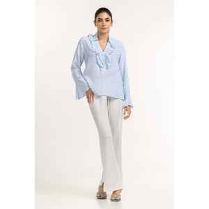 Blusa Tejida Retro Azul Cielo 231-217-072 de Algodón y Gasa con Cuello Solapa Talla XL Ajustada Corta Formal para Verano, Otoño y Primavera - Product Image 2