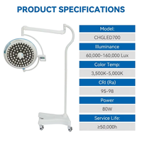 Lampe chirurgicale mobile sur pied CHGLED700 à LED sans ombre, 80 perles, 160 000 Lux, focalisable, pour bloc opératoire hospitalier