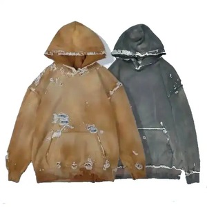 สินค้าใหม่หนักน้ําหนักคุณภาพดีที่สุดผู้ชายOversize DistressedทําลายHoodieวางไหล่กีฬาออกกําลังกายเปล่าHoodies - Product Image 6