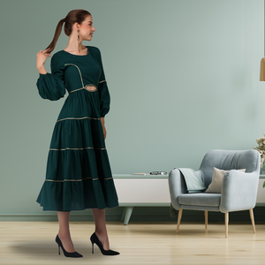 Wholesale Trendy Western Midi <b>Dress</b> with Stylish Printed Design and Gold Piping Comfortable Fit for Ladies Daily and Party Wear - Product Image 3