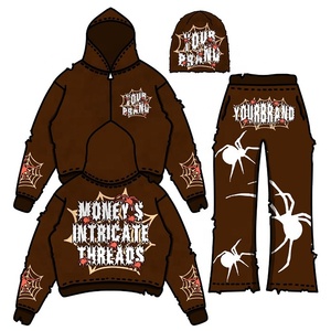 Ensemble de survêtement Y2K personnalisé, streetwear vintage, mode décontractée, sweat-shirt délavé, bonnet et pantalon de jogging évasé, impression DTG, vêtements de sport - Product Image 1