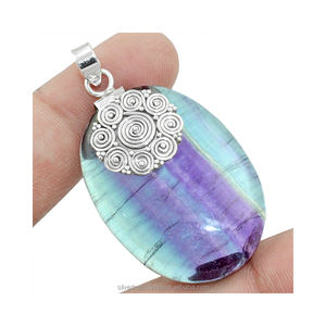 Colgante Ovalado de Fluorita Natural, Piedra Curativa, Gema de Fluorita, Colgante de Plata para Mujer, Colgante de Plata Maciza Hecho a Mano - Product Image 1