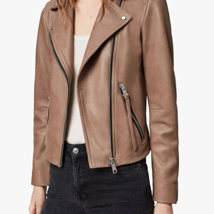 Chaqueta de cuero estructurada para mujer con cuello a presión Chaqueta de cuero con cremallera y cuello alto para mujer - Product Image 4
