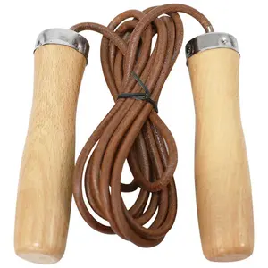 Premium Quality Ball Bearing Covered Brown Leather Skipping Rope with Wooden Handle for Fitness Workout Exercise Training