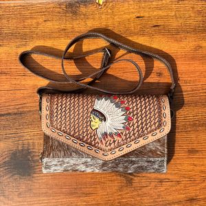 Handmade Tooled Leather <b>Basket</b> <b>Weaves</b> Crossbody Wallets for Women's Western Genuine Leather Small Purse Hair on Cowhide Clutch - Product Image 2