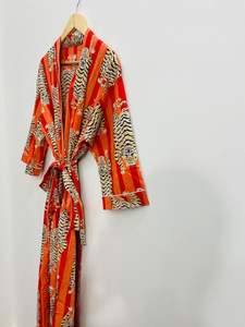 Cotton Kimono Robe Dressing Gown, Block Print Bridesmaid Robe, Summer Nightwear, One Size - Product Image 4