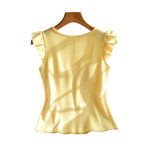 Women's Ribbed Knit Crop <b>Top</b> Ruffle <b>Sleeve</b> Button Front Fitted Waist Square Collar Casual Regular Fit Summer Blouse 100% Cotton - Product Image 2
