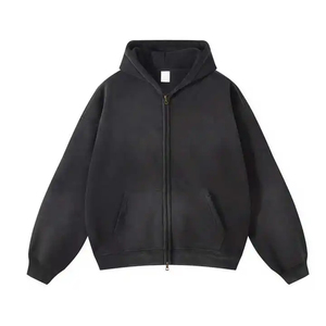Custom Mens <b>Black</b> Oversized <b>Zipper</b>-Up <b>Hoodie</b> Kangaroo Pocket-Premium Heavyweight French Terry Cotton Breathable Winter - Product Image 2