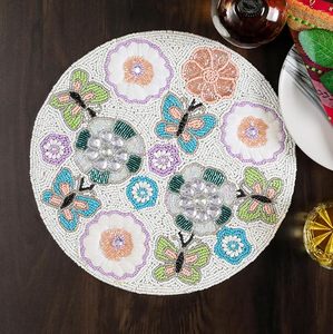 Napperon perlé classique or ivoire Aqua violet et décoration d'assiette à dîner avec conception de papillon de fleur - Product Image 1