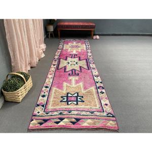 Vintage Turkish Herki Rug 3x10.8 ft, <b>Red</b> <b>Runner</b> Camouflage Wool Rug - Product Image 4
