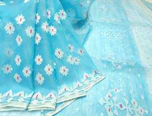 New Arrive Deshi Dhakai SKY Blue <b>Jamdani</b> Sharee High-quality Fully Stitched Ready Women Calf Length Green Golden Bangladesh - Product Image 3