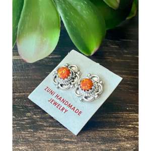 Zuni Handmade Orange Opal & <b>Sterling</b> <b>Silver</b> Flower <b>Stud</b> Earrings Bezel Setting for Gift - Product Image 4