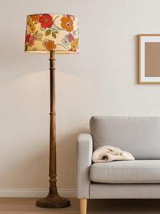 Rustic Walnu <b>Brown</b> Wood <b>Floor</b> <b>Lamp</b> with Multicolor Fabric Shade Antique Style Bedside Antique Style wholesale supply - Product Image 2