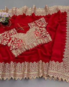 Festival Occasions Spéciales Tenue Traditionnelle Satin Rouge Saree Élégant Exclusif Fête Mariage Diwali Porter Sari Avec Chemisier Fantaisie - Product Image 3