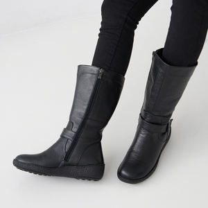 [JSHOE] Bottes mi-mollet compensées en cuir de vache véritable doublées de polaire pour femmes avec sangle à boucle Chaussures de marche confortables pour l'hiver - Product Image 3