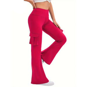 Pantalon slim à imprimé tropical avec poches, meilleure vente de pantalons de fitness en cours d'exécution taille haute pantalons pour femmes tissés évasés - Product Image 5