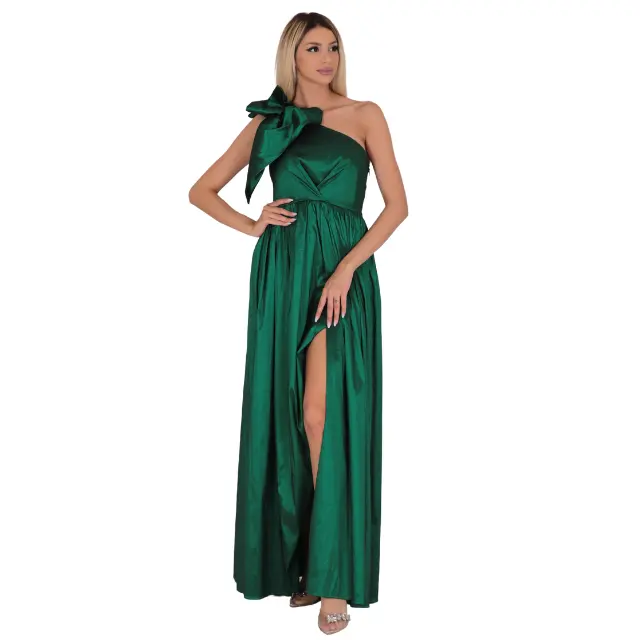 Women Evening Dresses Wholesale Clothing 2022 Party Dress Dark Green One-Shoulder Slit Long Dress With Ribbon Detail