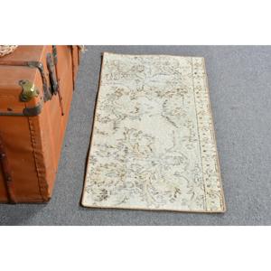 Turkish Vintage Rug, 1.6x3.3 ft Rug, White <b>Brown</b> Ikat Wool Rug - Product Image 1