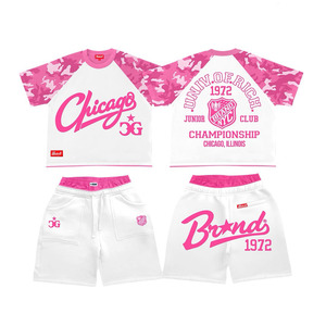 Premium 240 GSM Cotton T Shirt Shorts <b>Set</b> <b>White</b> Base Grey Camo Raglan Sleeves Screen Print Custom Logo <b>2</b> <b>Pieces</b> <b>Sets</b> - Product Image 2