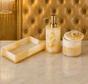 MN EXPORTS Juego de Baño de Cinco Piezas de Resina de Lujo, Diseño Moderno con Hojas Doradas, Ecológico, Impermeable, Fácil de Limpiar, Dispensador de Jabón - Product Image 2
