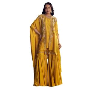 Wholesale <b>Yellow</b> Sharara Set with Zari Cape for Wedding Party Wear Festive Reception and Custom Ethnic Wholesale Orders - Product Image 1