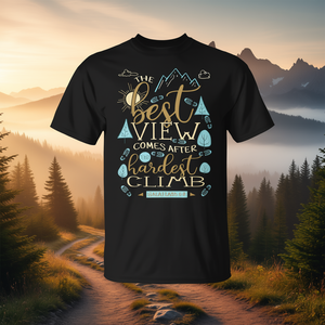 T-shirt unisexe pour adulte à col rond et manches courtes avec impression numérique et citation motivante : « La meilleure vue arrive après la plus dure ascension » - Product Image 3
